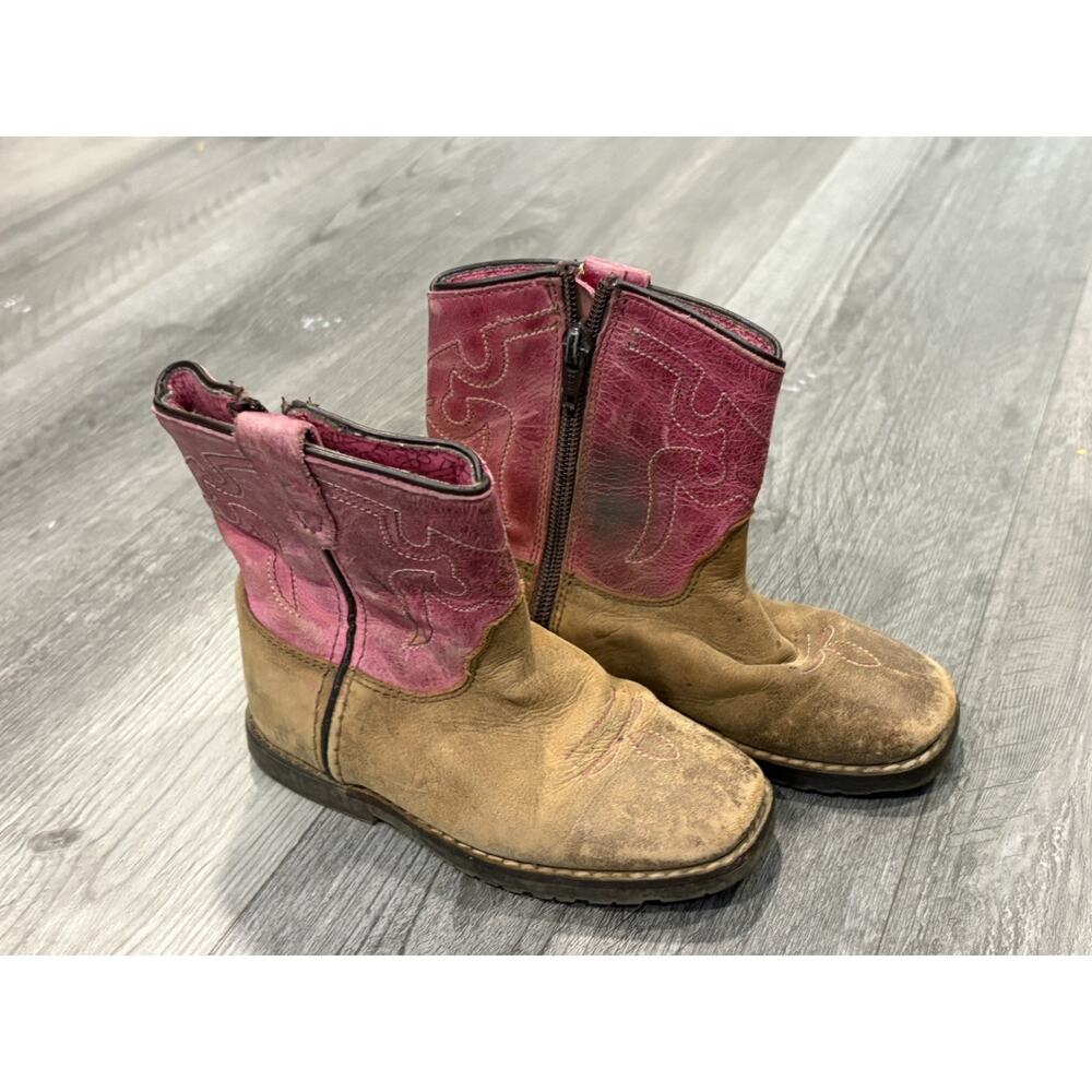 Shyanne Brown Pink Real Leather Western Cowboy Boots Size 10C kids toddler
